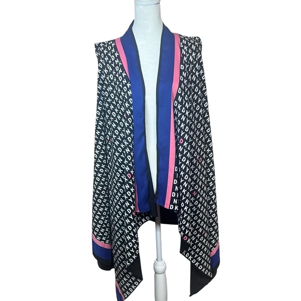 DKNY Donna Karan Logo Open Front Vest Sleeveless Cardigan Career Lagenlook M/L - Picture 3 of 9